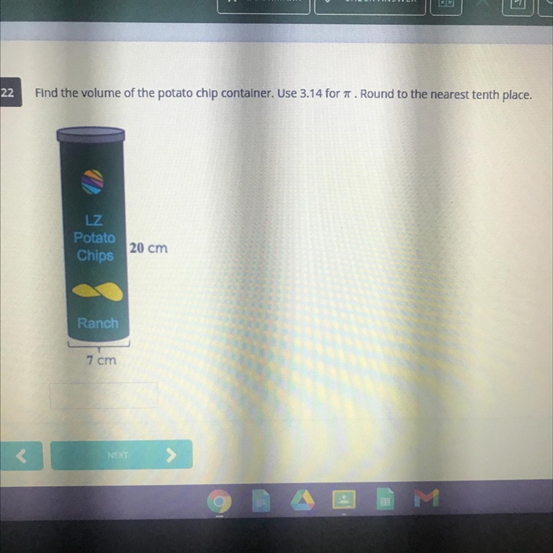 Find the volume of the potato chip container. Use 3.14 for 7. Round to the nearest-example-1