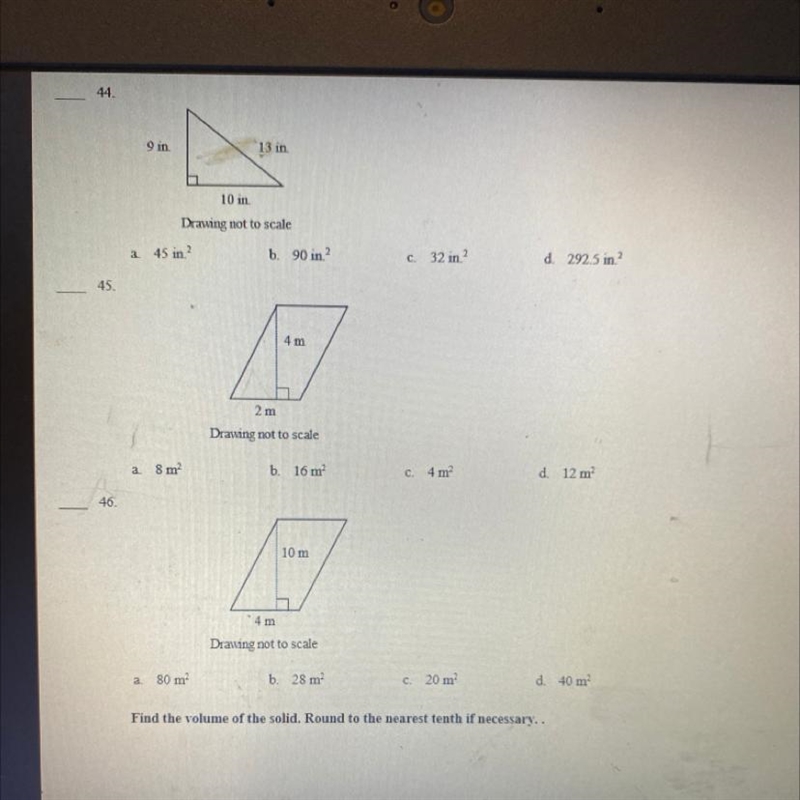 9 in. 13 in. 10 in Drawing not to scale b. 90 in? 45 in? d. 292.5 in. c. 32 in? a-example-1