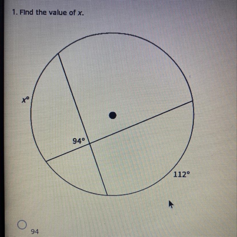 1. Find the value of x. A. 94 B. 76 C. 88 D. 82-example-1