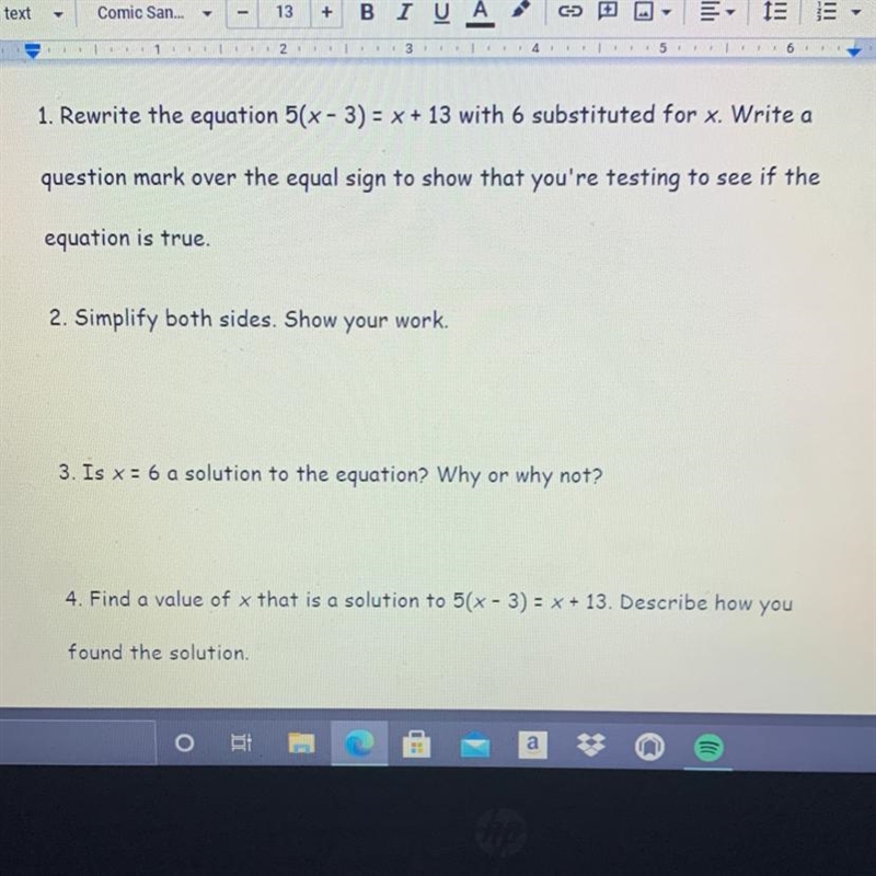 1. Rewrite the equation 5(x - 3) = x + 13 with 6 substituted for x. Write a question-example-1