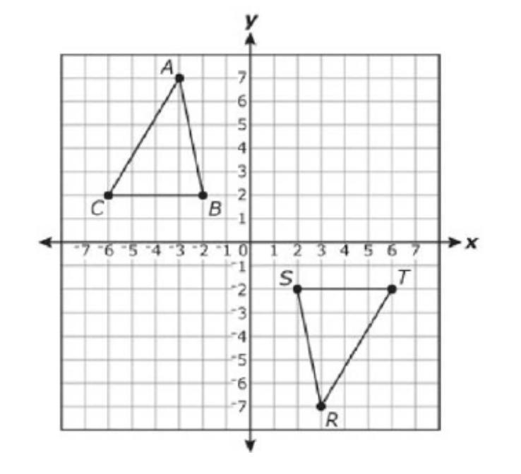 Two congruent triangles, ΔABC and ΔRST, are shown below. Describe a sequence of transformations-example-1