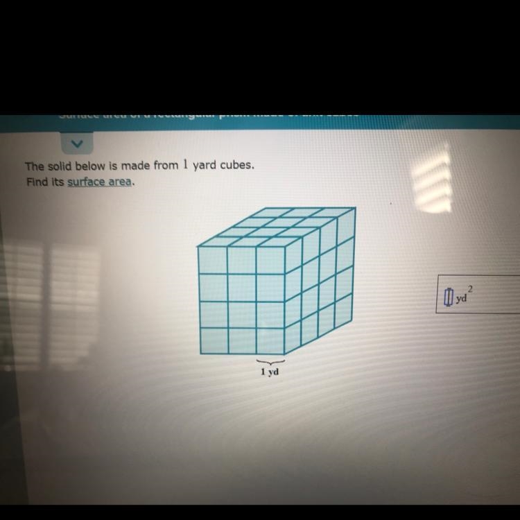 The solid below is made from 1 yard cubes. Find its surface area.-example-1