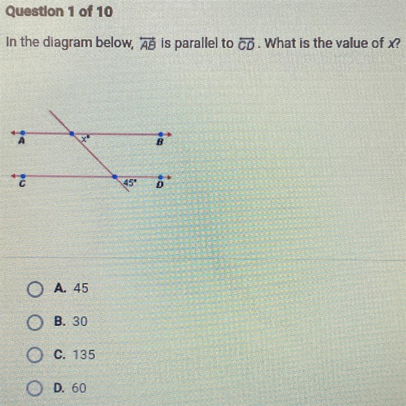 In the diagram below, AB is parallel to ¿o. What is the value of x?-example-1