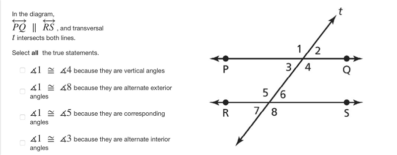 PLS HELPP! In the diagram, PQ←→ ∥ RS←→ , and transversal t intersects both lines. Select-example-1