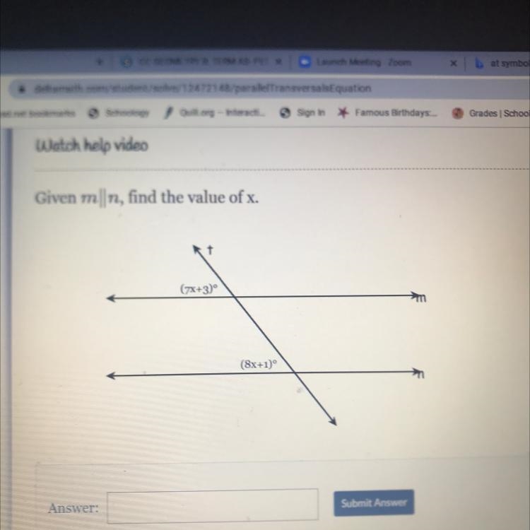 Given m||n, find the value of x. 1 (7x+3) (8x+1)°-example-1