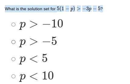 What is the solution set for 5(1−p)>−3p−5?-example-1