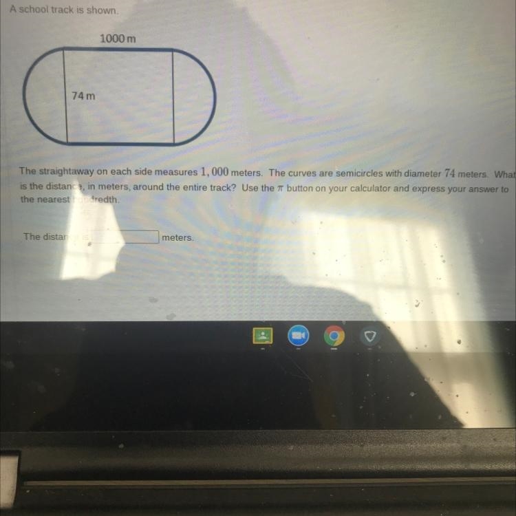A school track is shown. 1000 m 74 m The straightaway on each side measures 1,000 meters-example-1