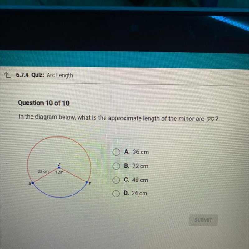 In the diagram below, what is the approximate length of the minor arc ? A. 36 cm O-example-1