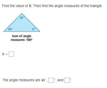 Find the value of k. Then find the angle measures of the triangle.-example-1