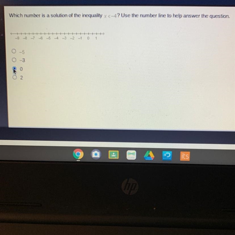 Which number is a solution of the inequality x <-4? Use the number line to help-example-1