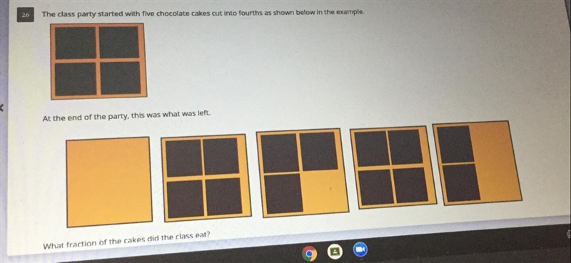 The class party started with five chocolate cakes cut in fourths as shown below in-example-1