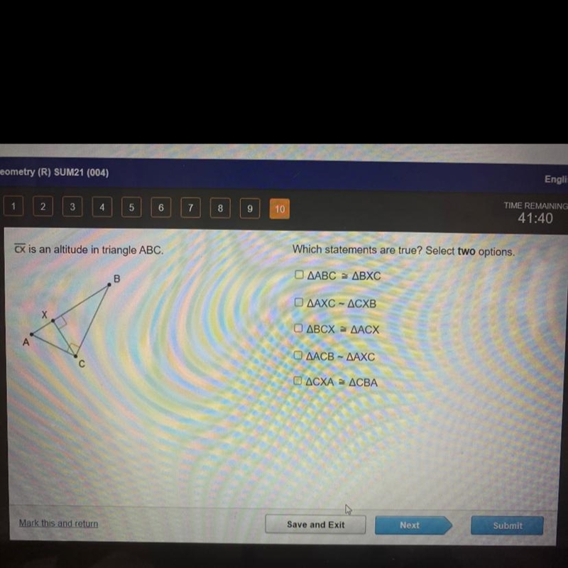 CX is an altitude in triangle ABC. Which statements are true? Select two options. .-example-1