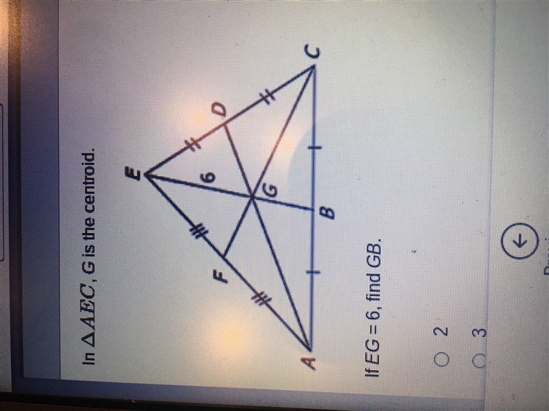 In triangle AEC, G is the centroid. If EG= 6, find GB-example-1