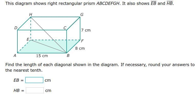 This diagram shows right rectangular ABCDEFGH. It also shows EB and HB. Find the length-example-1