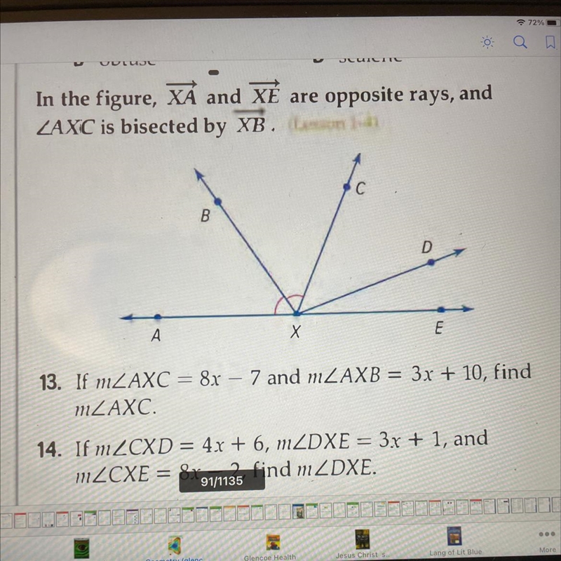 If the measure of angle AXC =8x-7 and the measure of angle AXB=3x+10 what is the measure-example-1