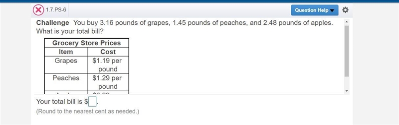 Challenge You buy pounds of ​, pounds of ​, and pounds of . What is your total​ bill-example-1