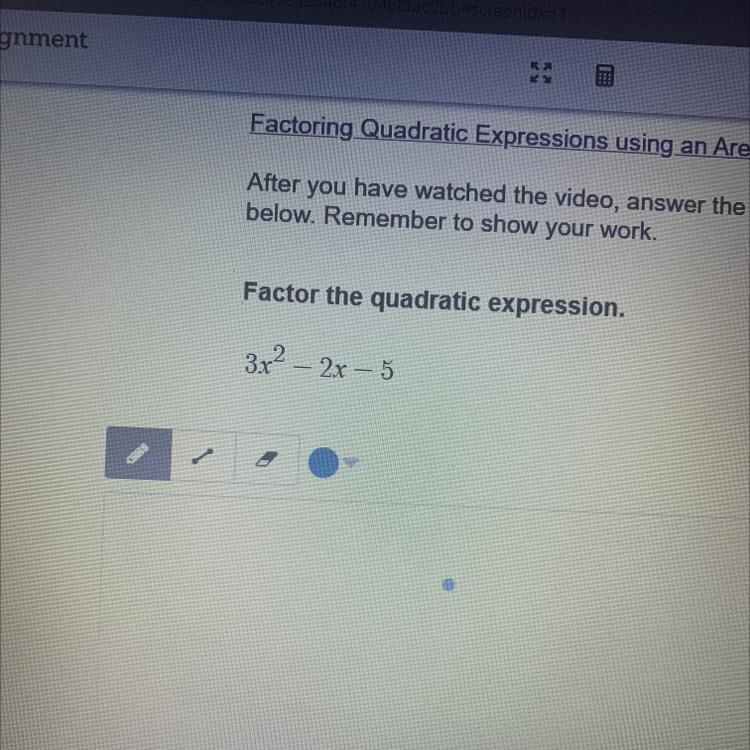 Factor the quadratic expression. 3x^2-2x-5-example-1