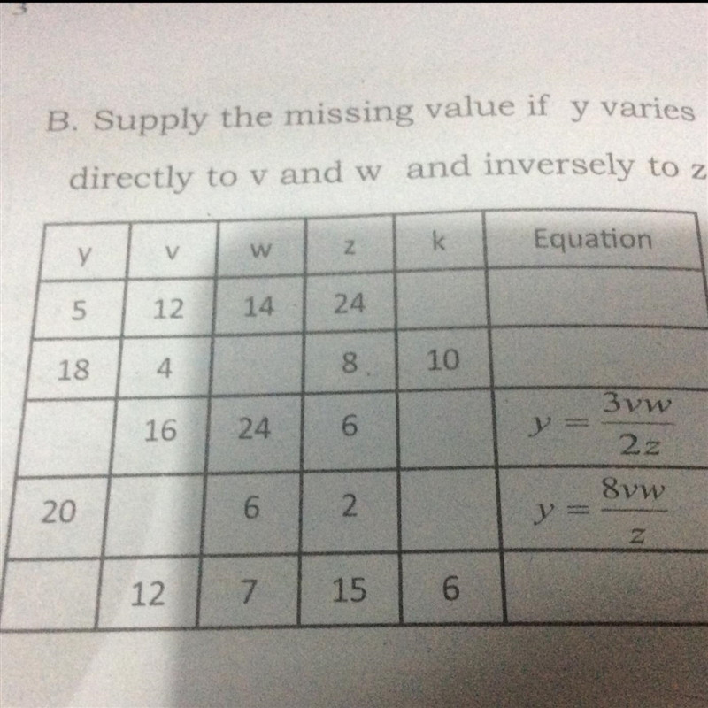 Supply the missing value if y varies directly to v and w and inversely to z-example-1