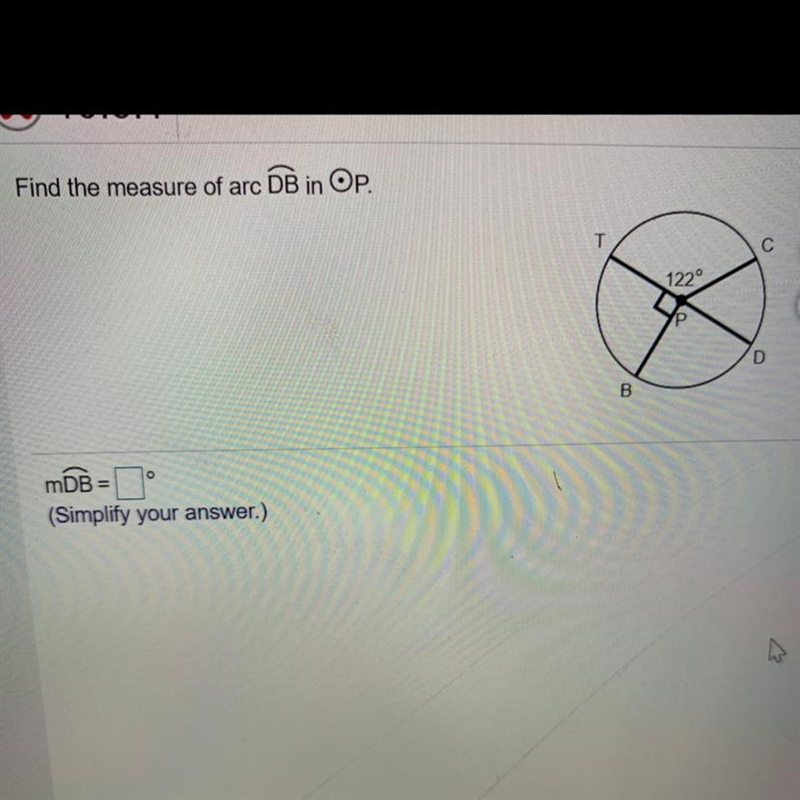 Find the measure of arc DB in OP. mDB=-example-1