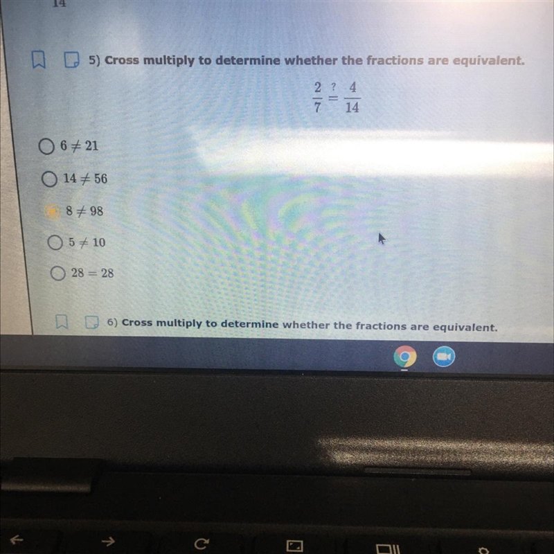 Cross multiply to determine whether the fractions are equivalent.-example-1