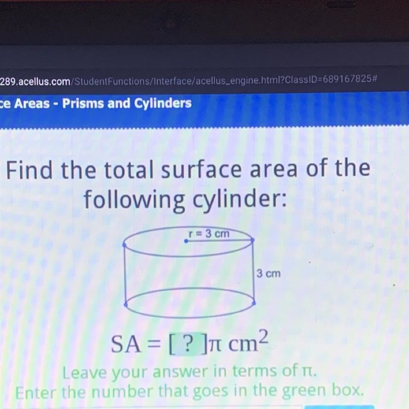 Please help fast!! Find the total surface area of the following cylinder:-example-1