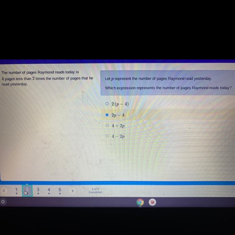 Let p represent the number of pages Raymond read yesterday. Which expression represents-example-1