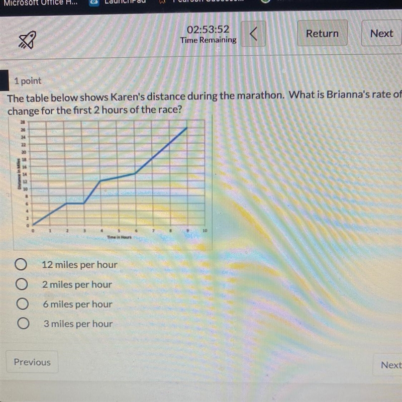 (100 POINTS) The table below shows Karen's distance during the marathon. What is a-example-1