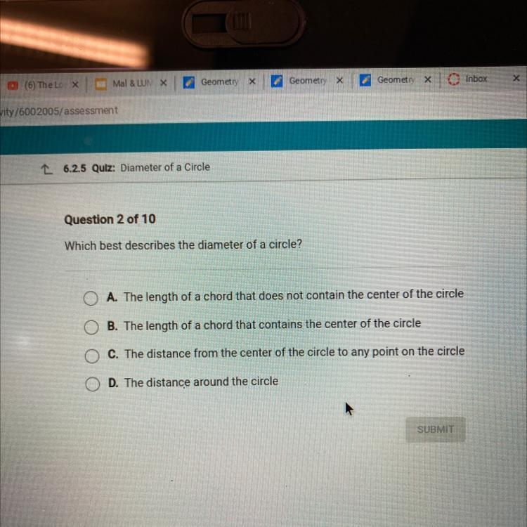 Which best describes the diameter of a circle?-example-1