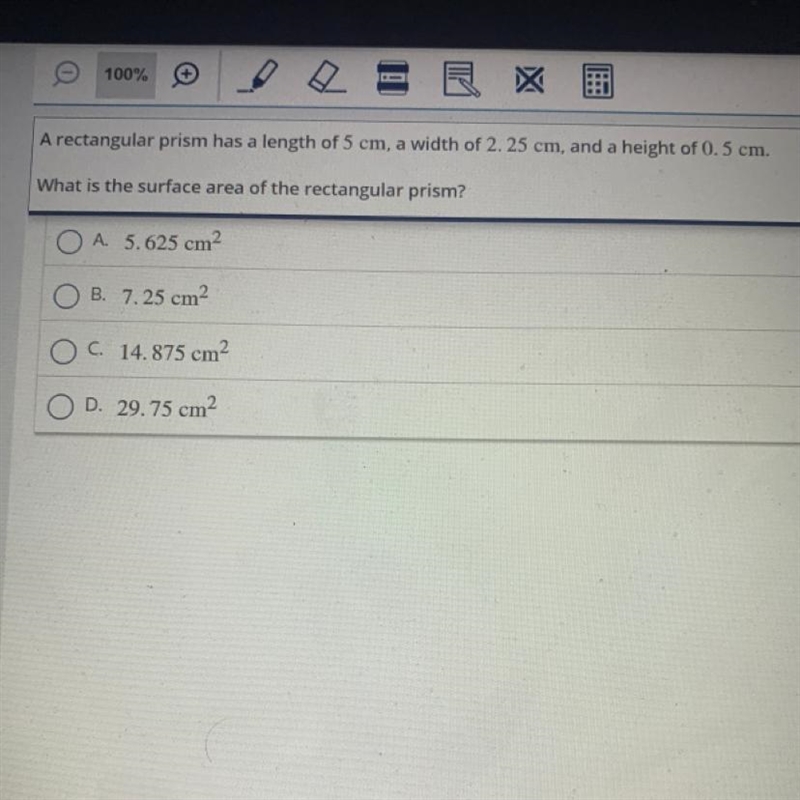 A rectangular prism has a length of 5 cm, a width of 2. 25 cm, and a height of 0.5 cm-example-1