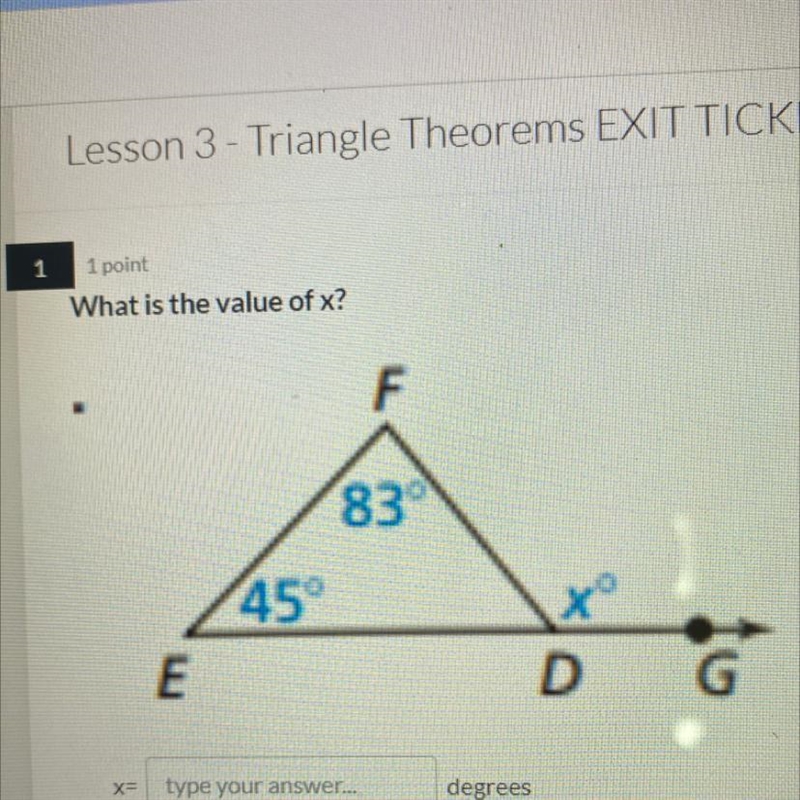 What is the value of x? F 83° 45° E D X= type your answer... degrees-example-1