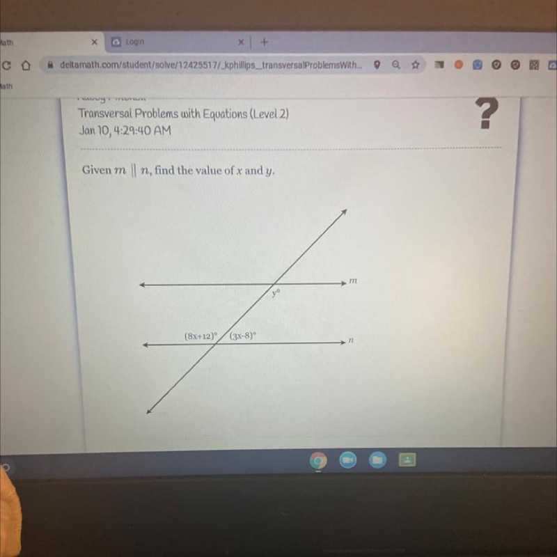 Given m n, find the value of x and y. m yo (8x+12) (3x-8)-example-1