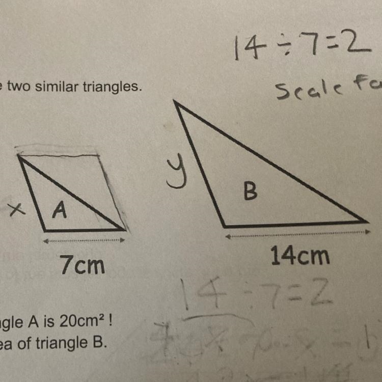 Below are 2 similar triangles The area of triangle A is 20cm^2 work out the area of-example-1