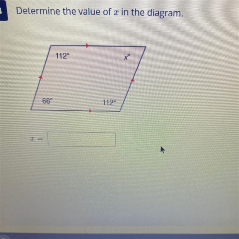 Determine the value of x in the diagram. 112 x < 68 112 =-example-1