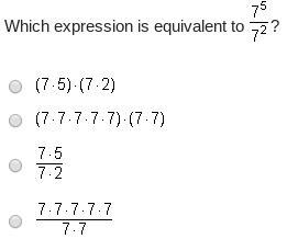 Please help, i am being timed!! Which expression is equivalent to StartFraction 7 Superscript-example-1