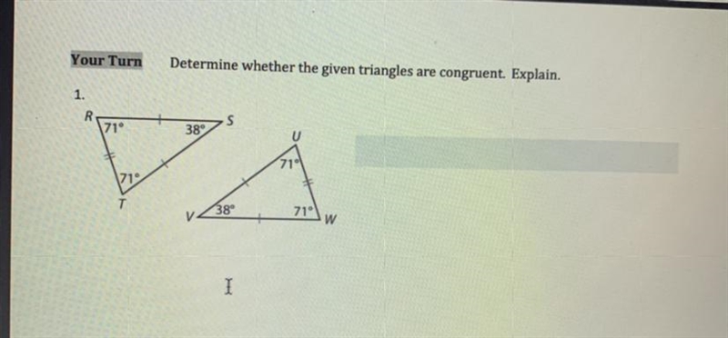 Determine whether the given triangles are congruent-example-1