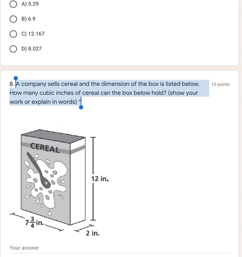 A company sells cereal and the dimension of the box is listed below. How many cubic-example-1