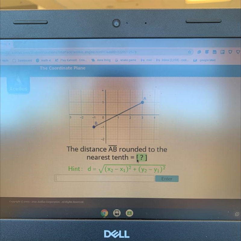 А 3 -2 -1 0 2 3 B. -1 The distance AB rounded to the nearest tenth = [?] Hint: d= (x-example-1