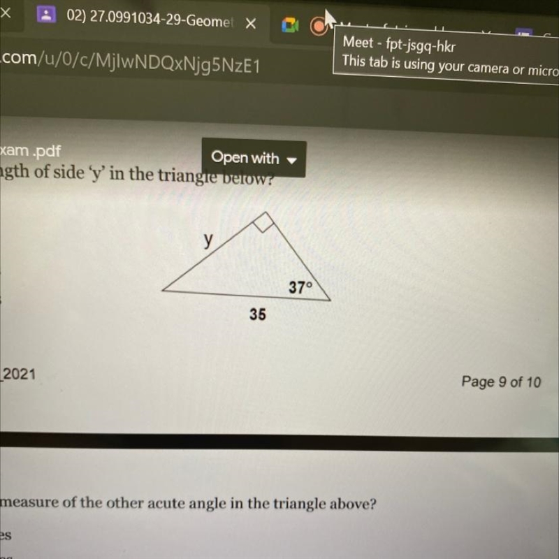 PLEASE HELP!!!!! What is the measure of the other acute angle in the triangle above-example-1