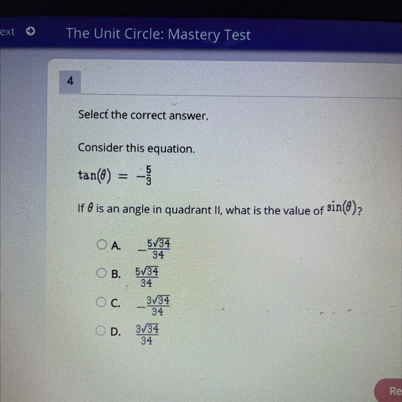 Consider this equation. tan() = -1 If & is an angle in quadrant II, what is the-example-1