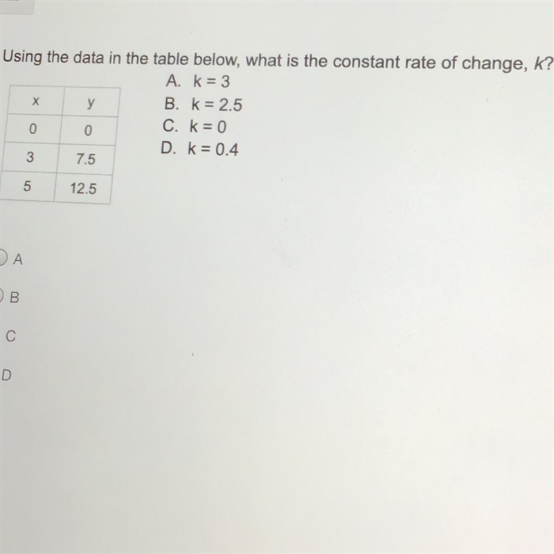 Using the data in the table below, what is the constant rate of change, k? PLS HELP-example-1