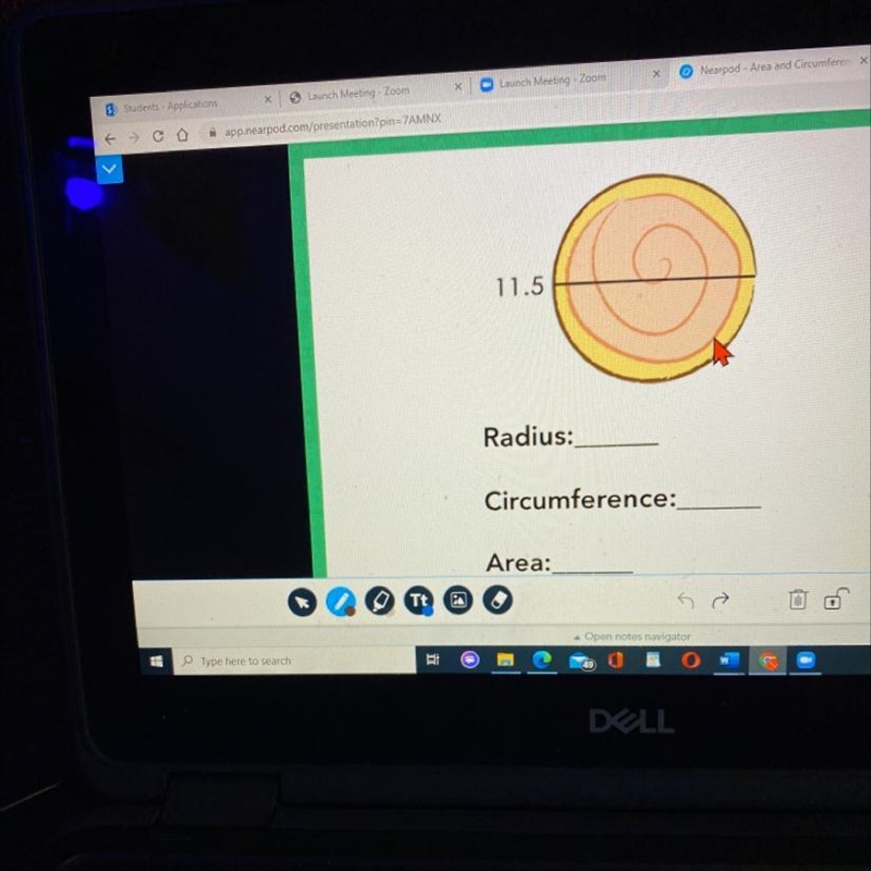 11.5 Radius: Circumference: Area:-example-1