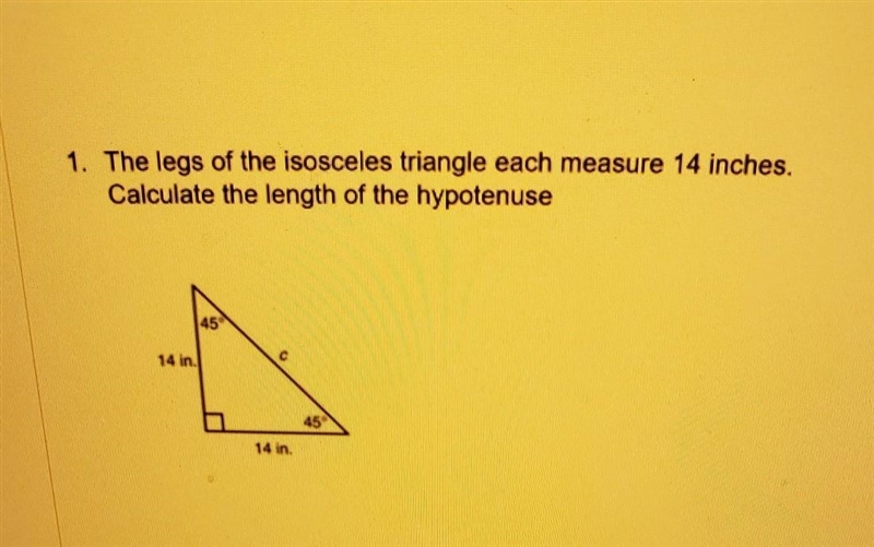 The legs of the isosceles triangle each measure 14 inches. Calculate the length of-example-1