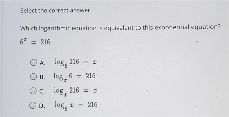 Which logarithmic equation is equivalent to this exponential equation?​-example-1