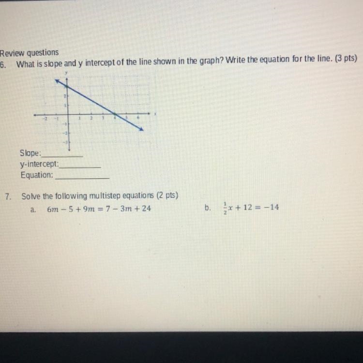 Review questions 6. What is slope and y intercept of the line shown in the graph? Write-example-1