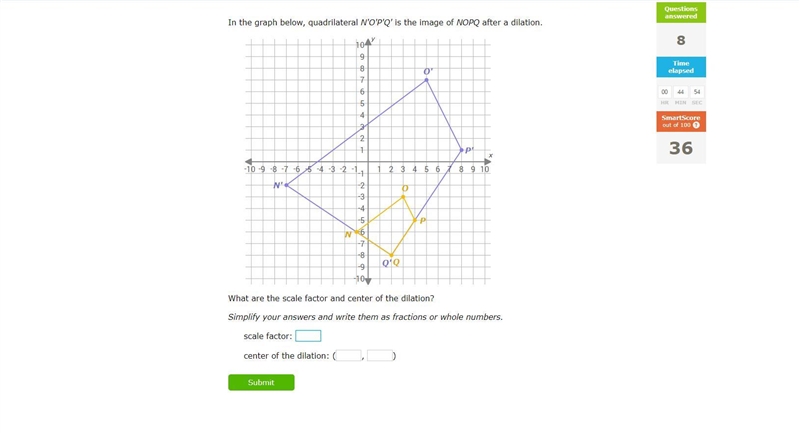 What are the scale factor and center of dilation?-example-1