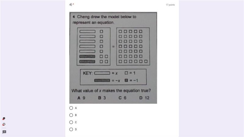 Cheng drew the model below to represent an equation.What value of x makes the equation-example-1