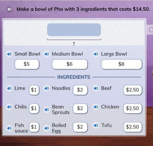 Witch 3 ingredients will add up to $14.40? (Only one bowl can be chosen, bowls are-example-1