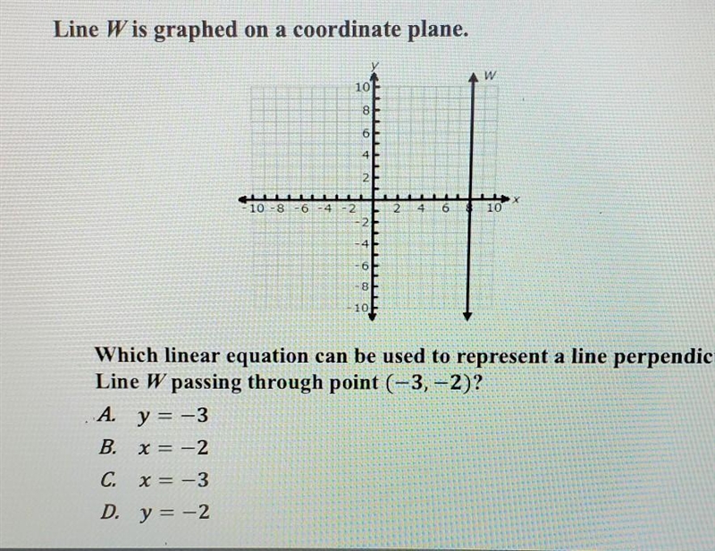 Which linear equation can be used to represent a line perpendicular to Line W passing-example-1