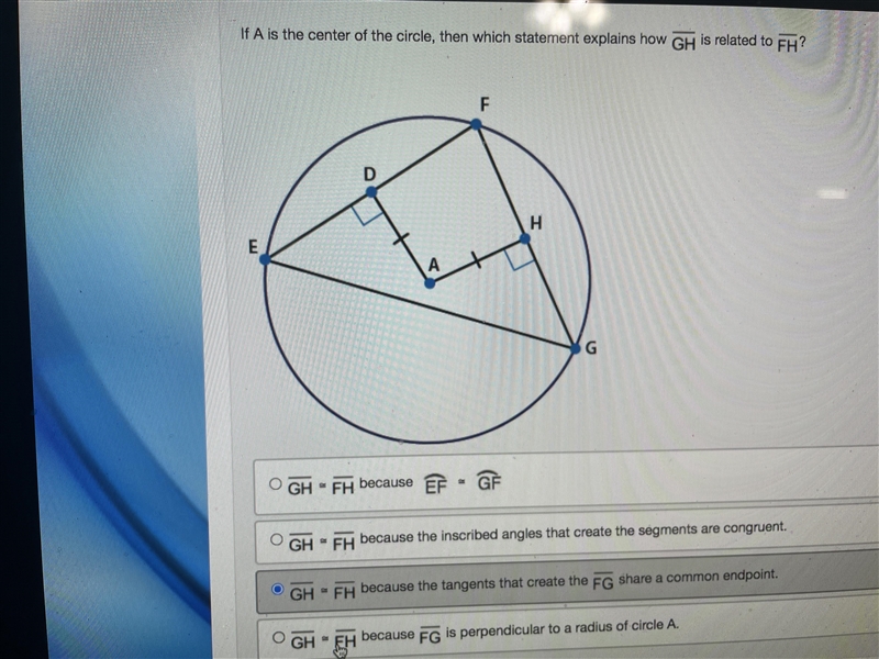 If A is the center of the circle then which statement explains how line GH is related-example-1