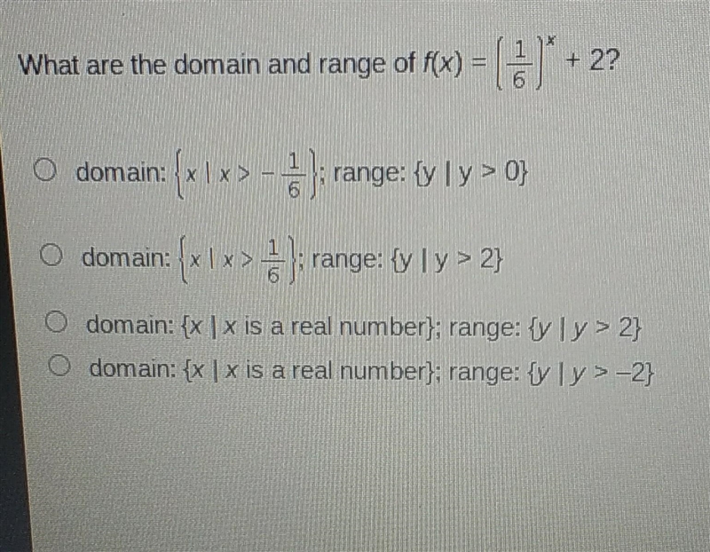 What are are the domain and range of f(x) = (1/6)^×+2?​-example-1